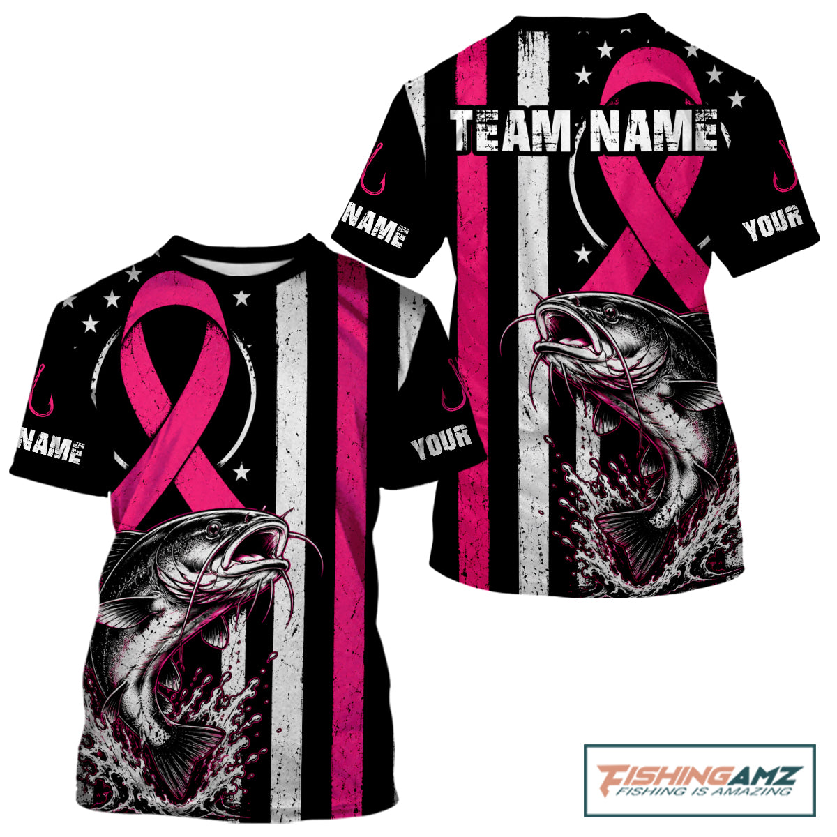 A customizable short-sleeve t-shirt featuring a pink awareness ribbon, a large fish graphic, and vertical black, white, and pink stripes. The shirt includes placeholder text 'NAME' and 'YOUR' on the sleeves, and a 'FISHINGAMZ' logo is visible in the top right corner.