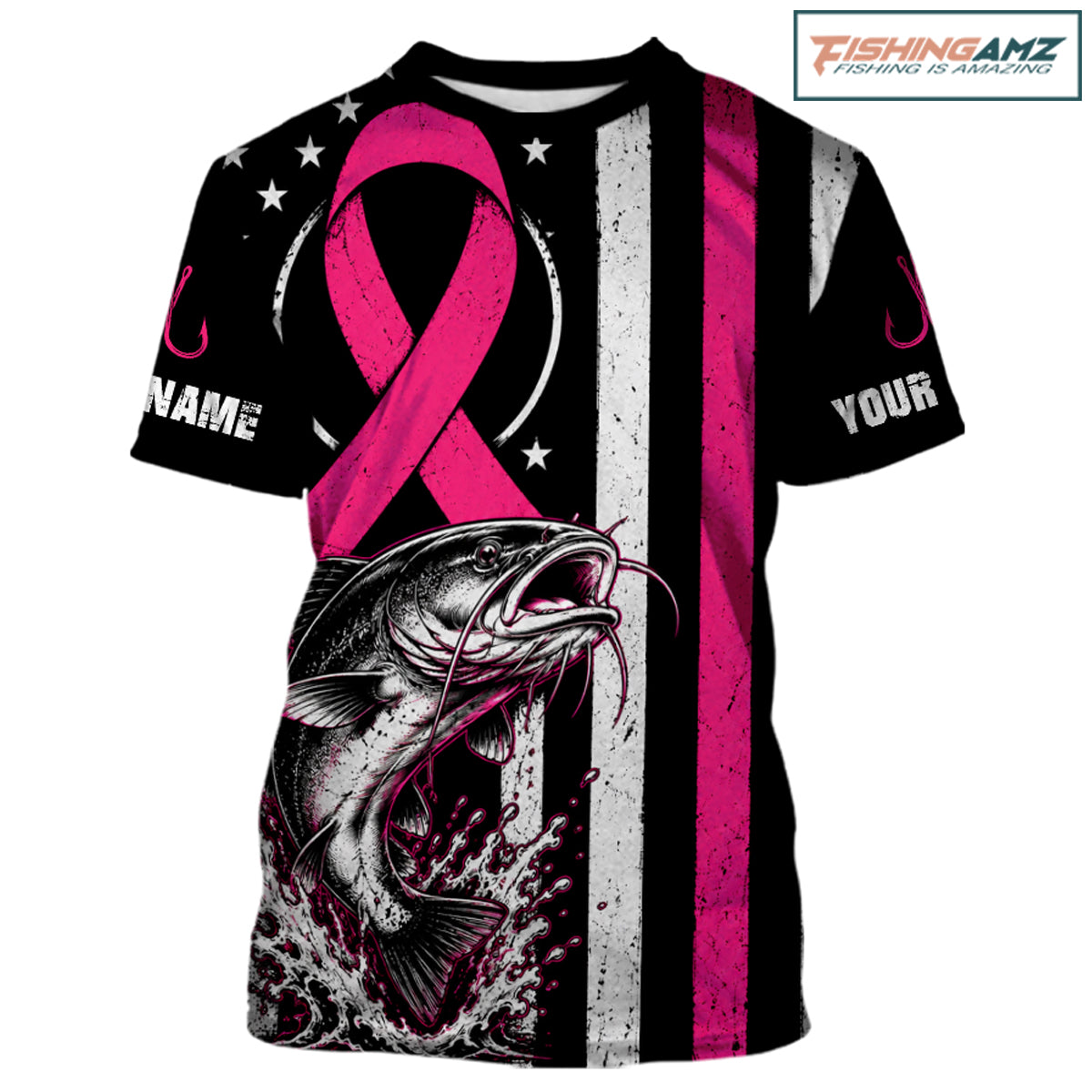 A customizable short-sleeve t-shirt featuring a pink awareness ribbon, a large fish graphic, and vertical black, white, and pink stripes. The shirt includes placeholder text 'NAME' and 'YOUR' on the sleeves, and a 'FISHINGAMZ' logo is visible in the top right corner.