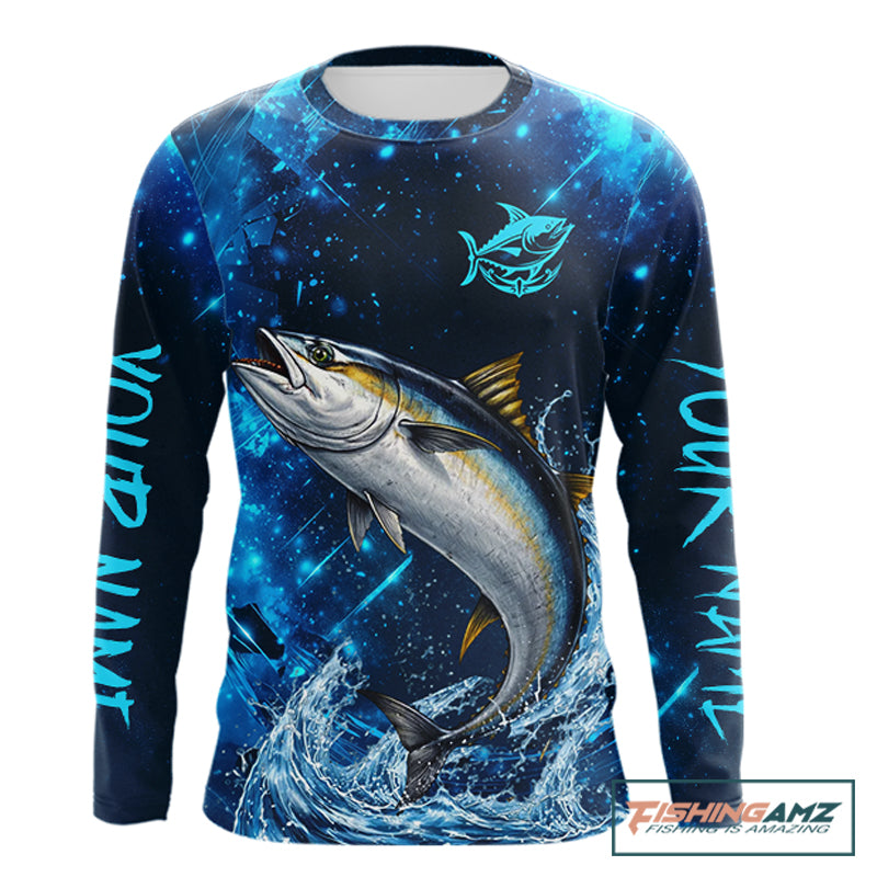 Personalized Tuna Saltwater Blue Long Sleeve Performance Fishing Shirts, Fishing Shirt Gift NHT430