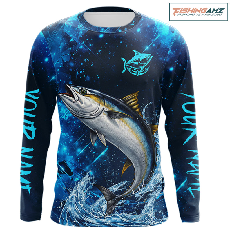 Personalized Tuna Saltwater Blue Long Sleeve Performance Fishing Shirts, Fishing Shirt Gift NHT430