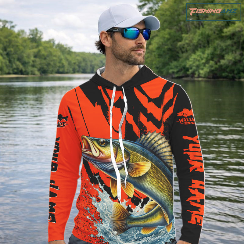 Orange Camo Walleye Fishing Custom Performance Long Sleeve Hooded, Walleye Fishing Jersey NHT432