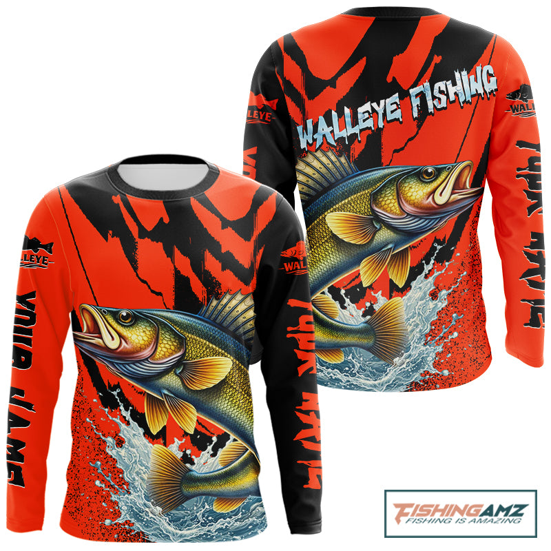 Orange Camo Walleye Fishing Custom Performance Long Sleeve, Walleye Fishing Jersey NHT432
