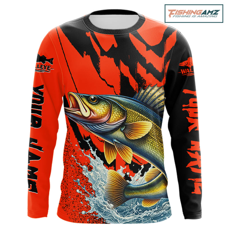 Orange Camo Walleye Fishing Custom Performance Long Sleeve, Walleye Fishing Jersey NHT432