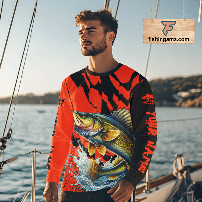 Orange Camo Walleye Fishing Custom Performance Long Sleeve, Walleye Fishing Jersey NHT432