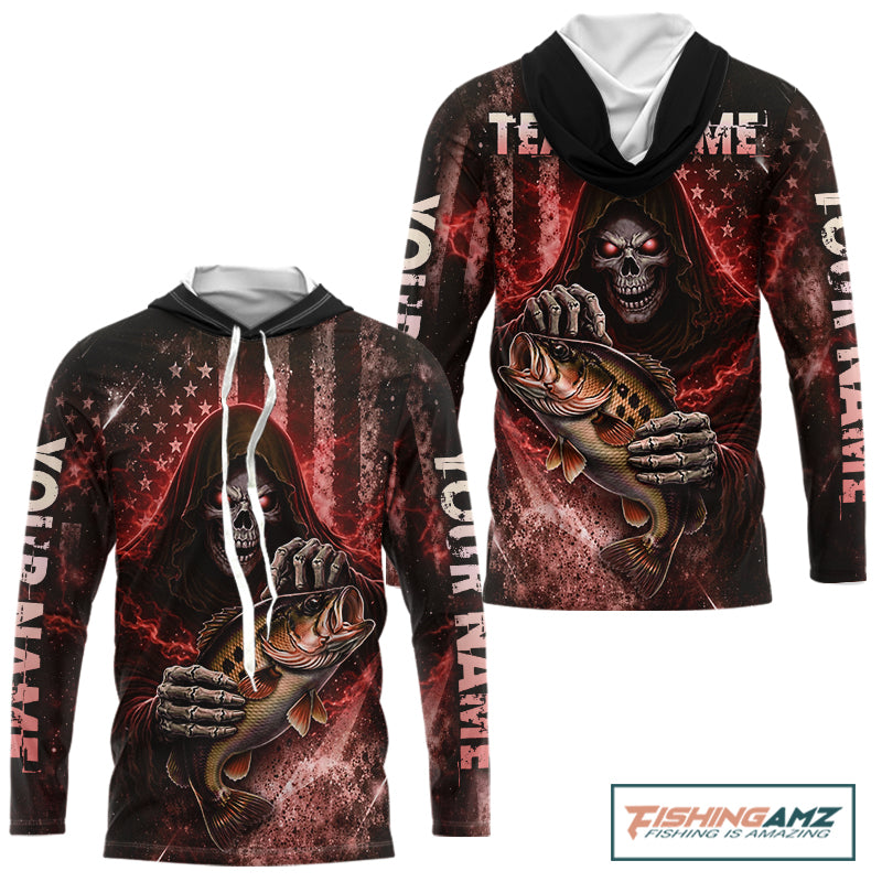 Hooded Custom Team Name Grim Reaper Bass Fishing With American Flag - Patriotic Bass Fishing Jersey|Red NHT629