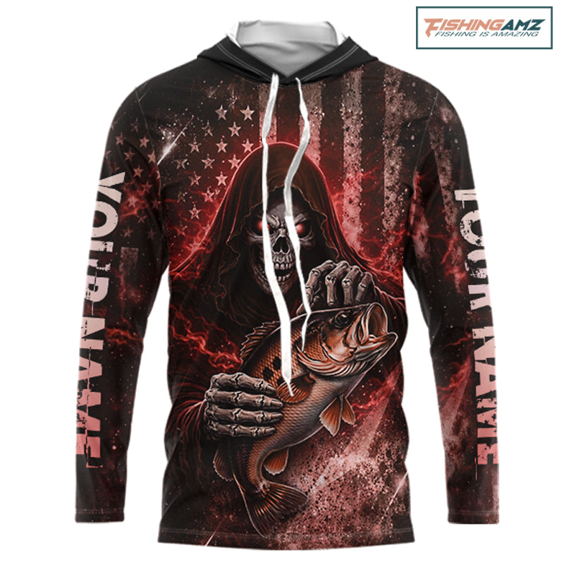 Hooded Custom Team Name Grim Reaper Bass Fishing With American Flag - Patriotic Bass Fishing Jersey|Red NHT629