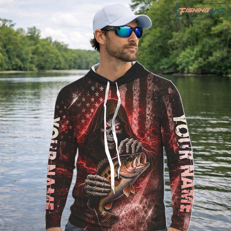 Hooded Custom Team Name Grim Reaper Bass Fishing With American Flag - Patriotic Bass Fishing Jersey|Red NHT629