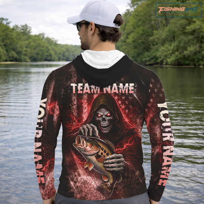 Hooded Custom Team Name Grim Reaper Bass Fishing With American Flag - Patriotic Bass Fishing Jersey|Red NHT629