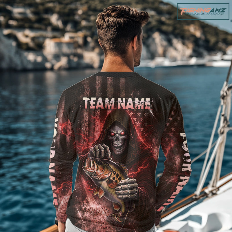 Custom Team Name Grim Reaper Bass Fishing With American Flag - Patriotic Bass Fishing Jersey|Red NHT629