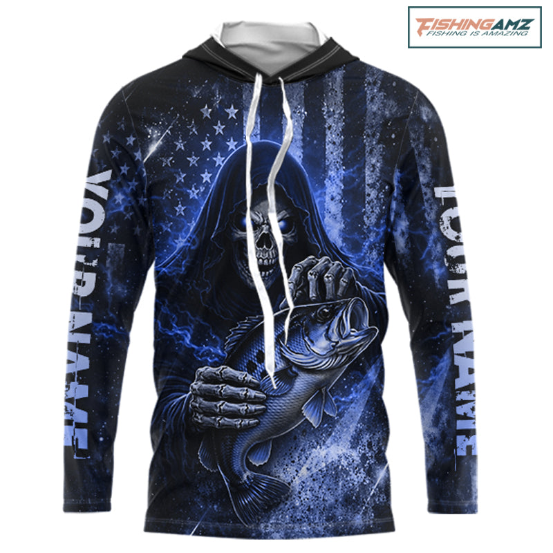 Hooded Custom Team Name Grim Reaper Bass Fishing With American Flag - Patriotic Bass Fishing Jersey|Yellow NHT630