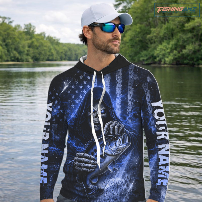 Hooded Custom Team Name Grim Reaper Bass Fishing With American Flag - Patriotic Bass Fishing Jersey|Yellow NHT630