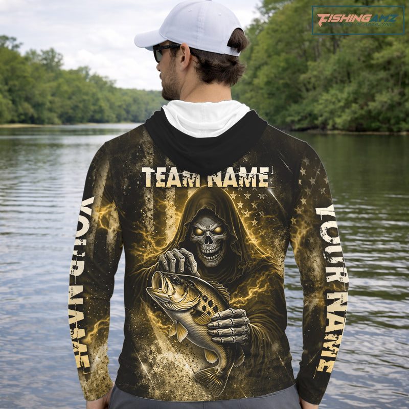Hooded Custom Team Name Grim Reaper Bass Fishing With American Flag - Patriotic Bass Fishing Jersey|Blue NHT631