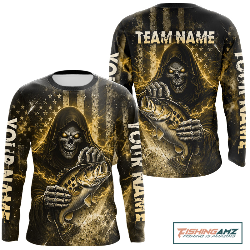 Custom Team Name Grim Reaper Bass Fishing With American Flag - Patriotic Bass Fishing Jersey|Blue NHT631