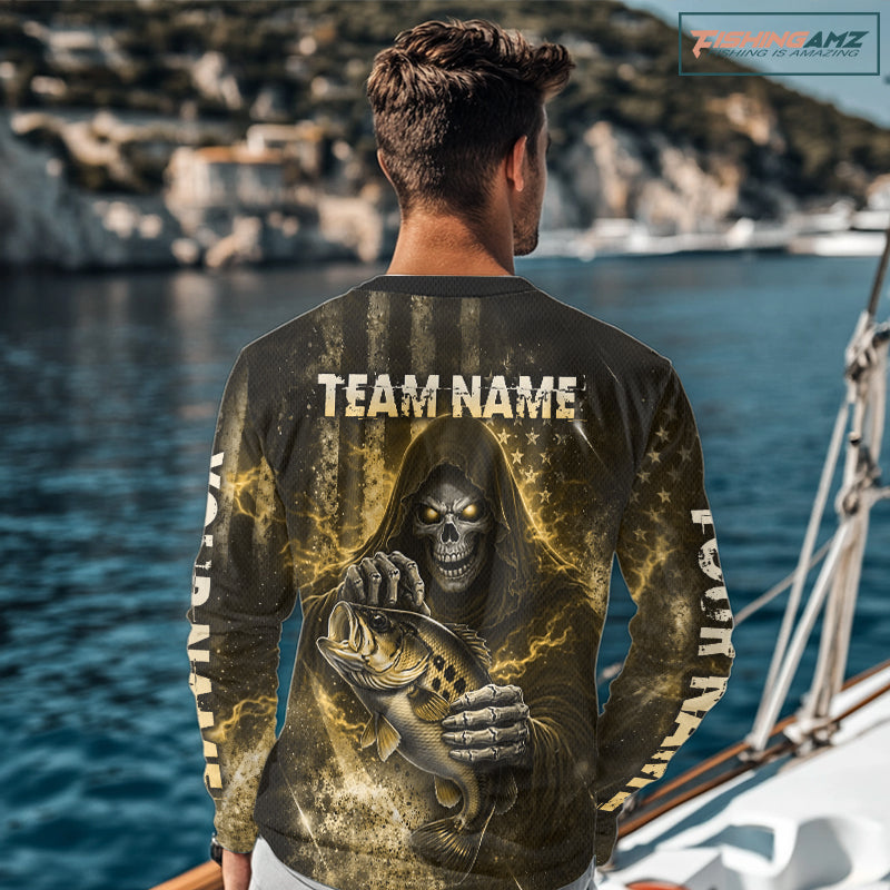 Custom Team Name Grim Reaper Bass Fishing With American Flag - Patriotic Bass Fishing Jersey|Blue NHT631