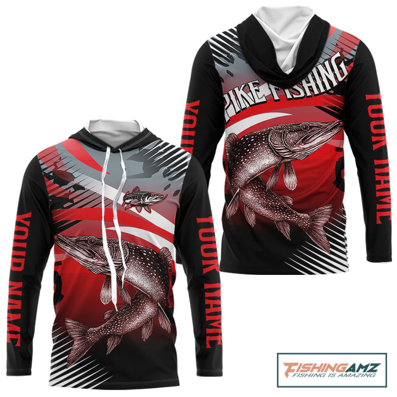 Custom Pike Hooded Long Sleeve Performance Fishing Shirts, Pike Fishing Shirt For Men NHT443