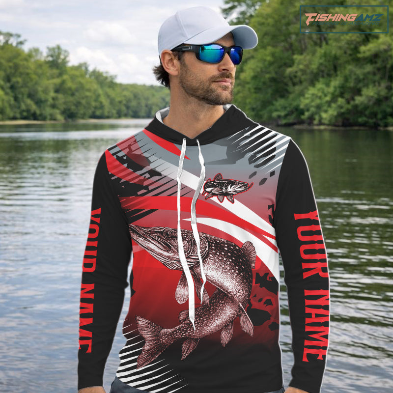 Custom Pike Hooded Long Sleeve Performance Fishing Shirts, Pike Fishing Shirt For Men NHT443