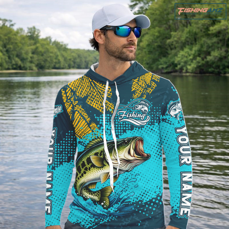 Custom Largemouth Bass Fishing Long Sleeve Hooded Tournament Shirts, Bass Fishing Shirts For Men NHT508