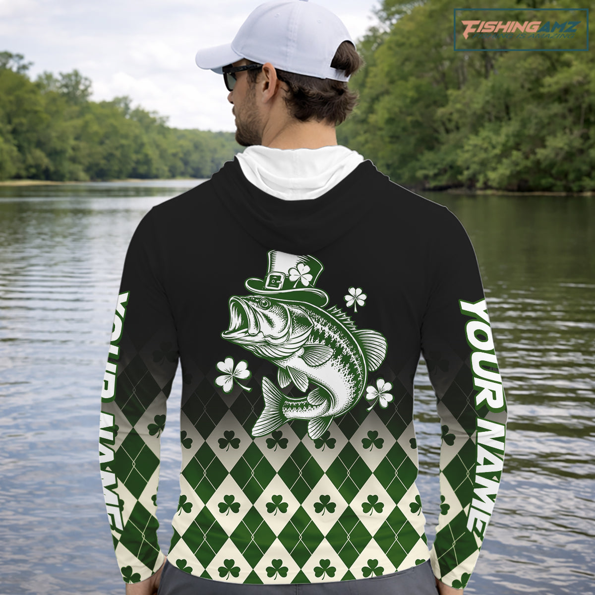 St. Patrick’S Day Bass Fishing Shirt, Shamrock Argyle Hooded Long Sleeve Shirt For Anglers NHT1484