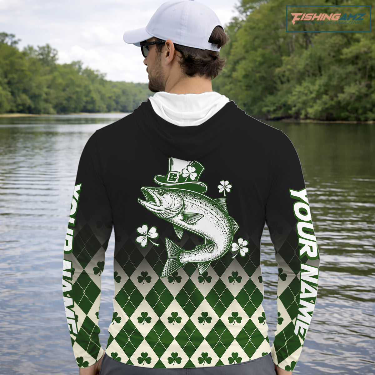 St. Patrick’S Day Chinook Salmon Fishing Shirt, Shamrock Argyle Hooded Long Sleeve Shirt For Anglers NHT1485