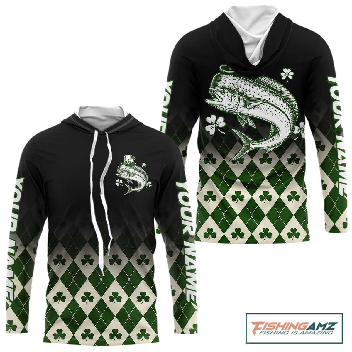 St. Patrick’S Day Mahi Mahi Fishing Shirt, Shamrock Argyle Hooded Long Sleeve Shirt For Anglers NHT1486