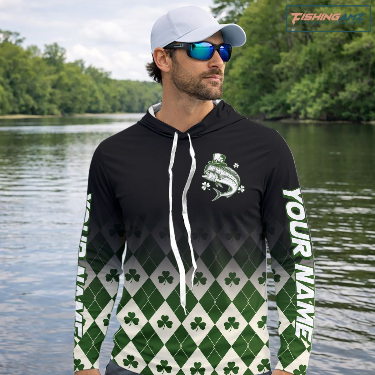 St. Patrick’S Day Mahi Mahi Fishing Shirt, Shamrock Argyle Hooded Long Sleeve Shirt For Anglers NHT1486