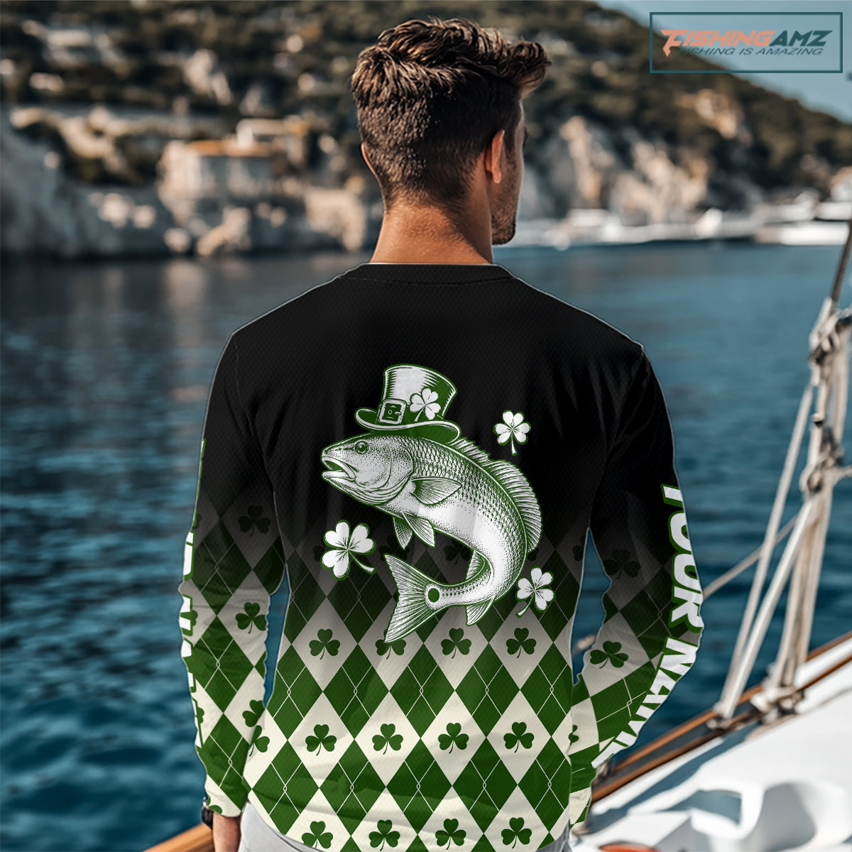 St. Patrick’S Day Redfish Fishing Shirt, Shamrock Argyle Long Sleeve Shirt For Anglers NHT1487