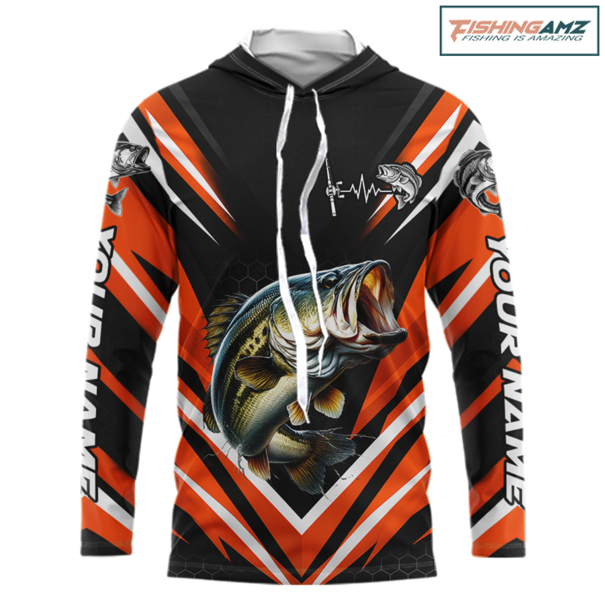Largemouth Bass Fishing Long Sleeve Hooded Shirt Custom Orange Black Fish Performance Jersey NHT1638