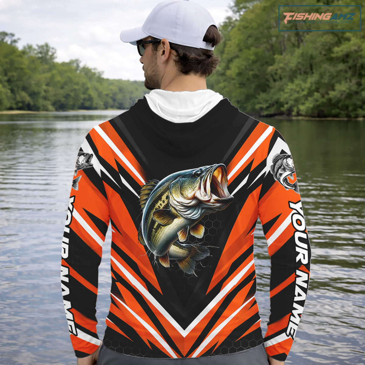 Largemouth Bass Fishing Long Sleeve Hooded Shirt Custom Orange Black Fish Performance Jersey NHT1638