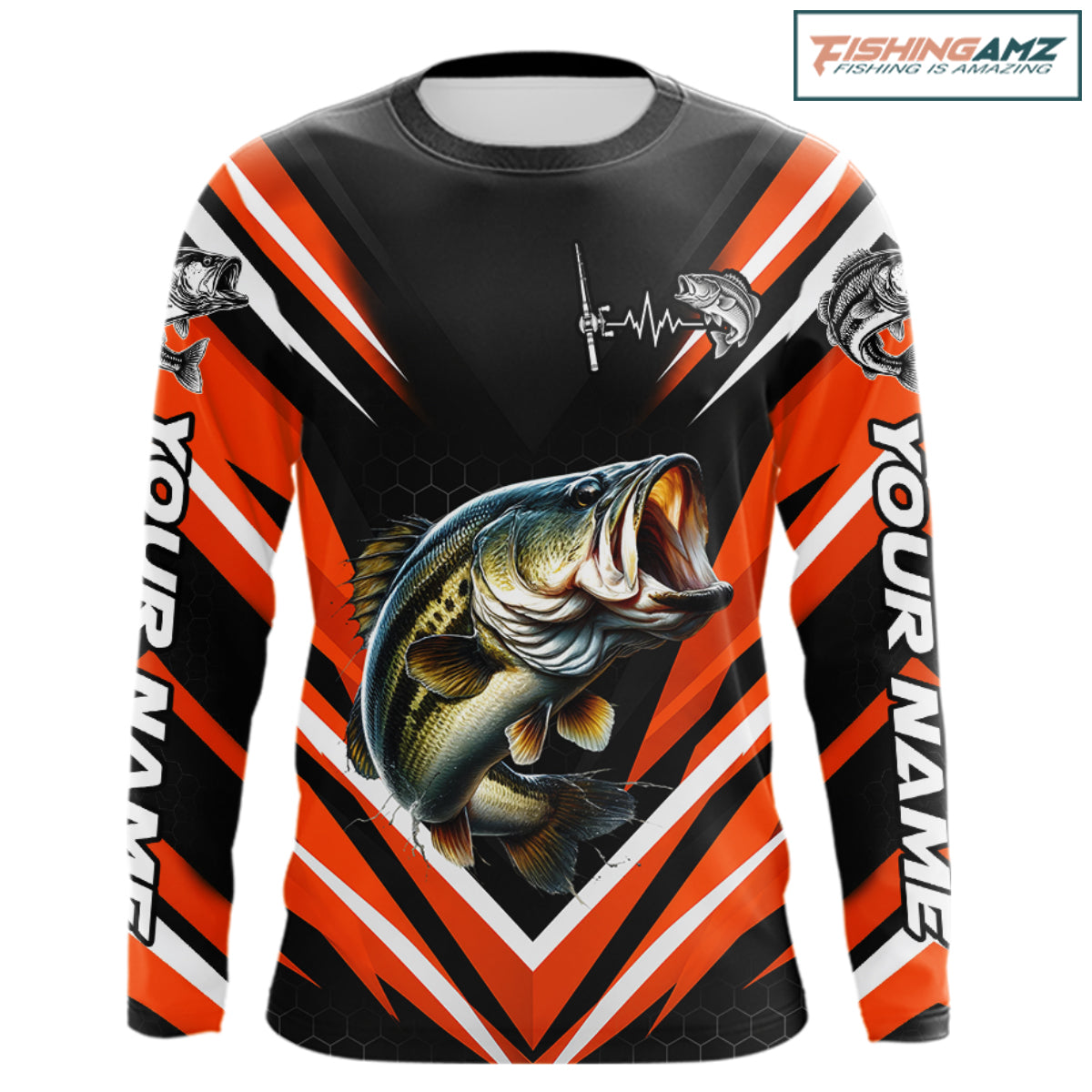 Largemouth Bass Fishing Long Sleeve Shirt Custom Orange Black Fish Performance Jersey NHT1638
