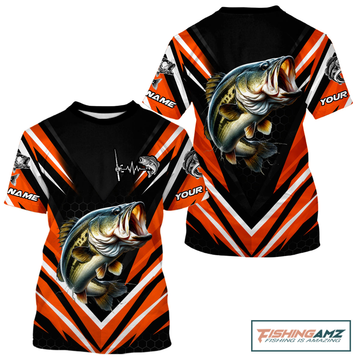 Largemouth Bass Fishing Short Sleeve Shirt Custom Orange Black Fish Performance Jersey NHT1638