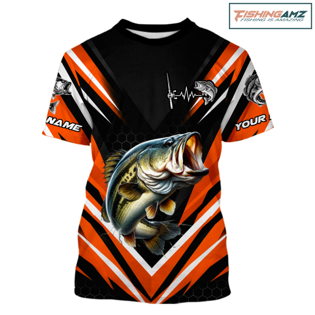 Largemouth Bass Fishing Short Sleeve Shirt Custom Orange Black Fish Performance Jersey NHT1638
