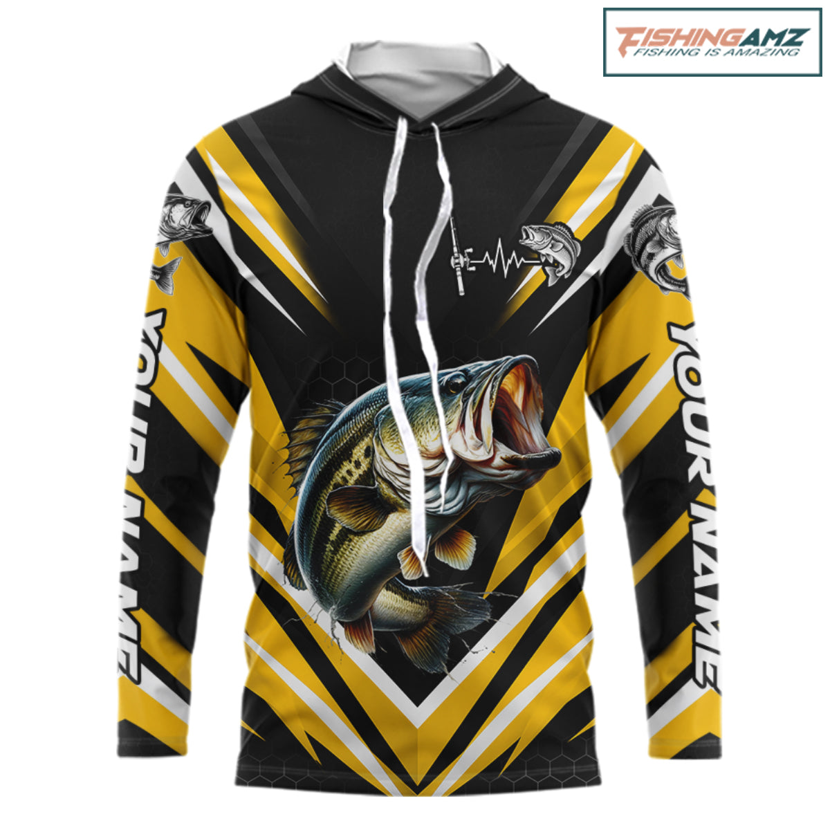 Largemouth Bass Fishing Long Sleeve Hooded Shirt Custom Yellow Black Fish Performance Jersey NHT1639