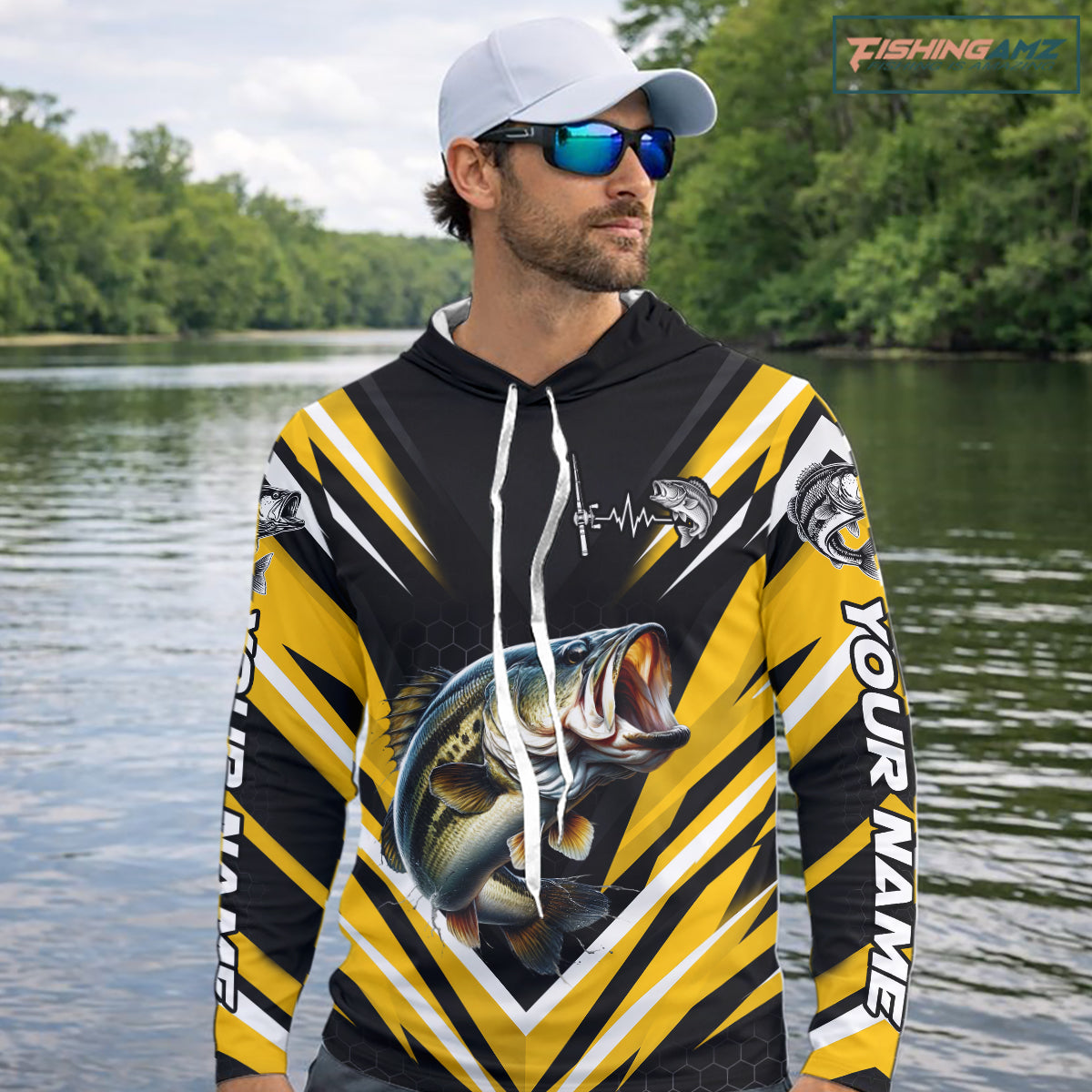 Largemouth Bass Fishing Long Sleeve Hooded Shirt Custom Yellow Black Fish Performance Jersey NHT1639