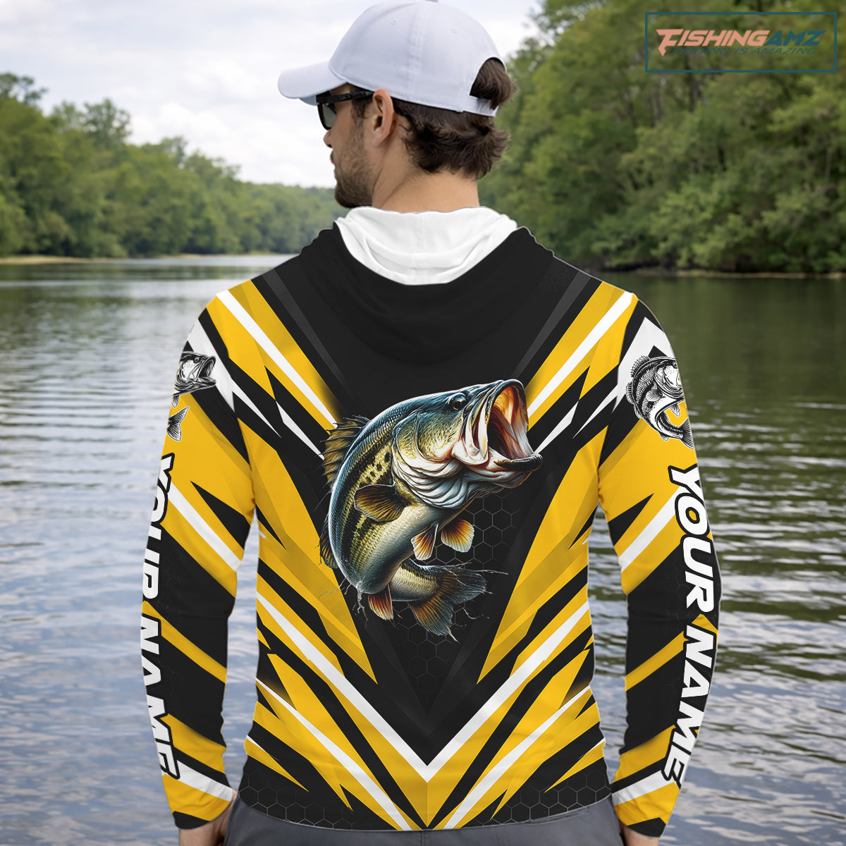 Largemouth Bass Fishing Long Sleeve Hooded Shirt Custom Yellow Black Fish Performance Jersey NHT1639