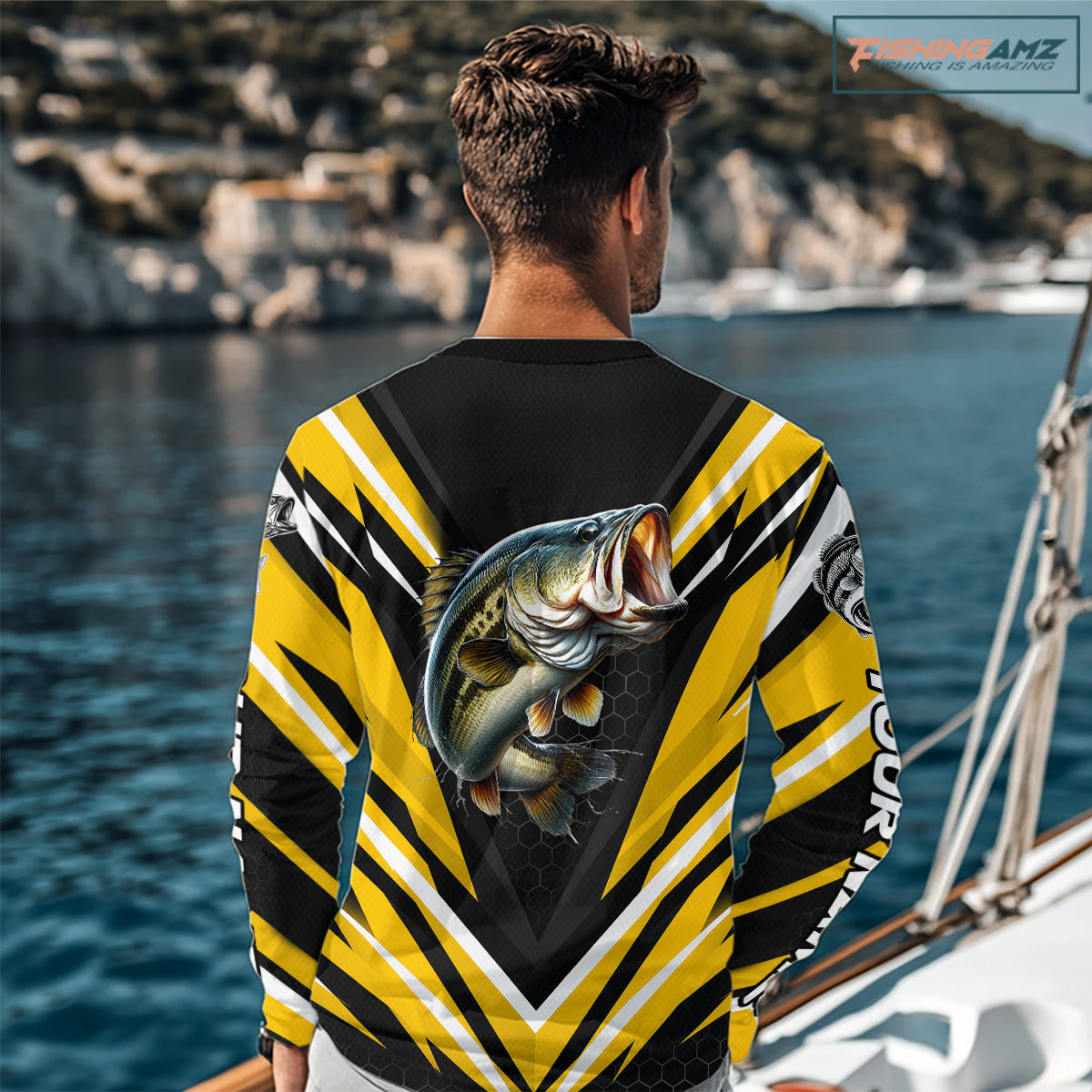 Largemouth Bass Fishing Long Sleeve Shirt Custom Yellow Black Fish Performance Jersey NHT1639