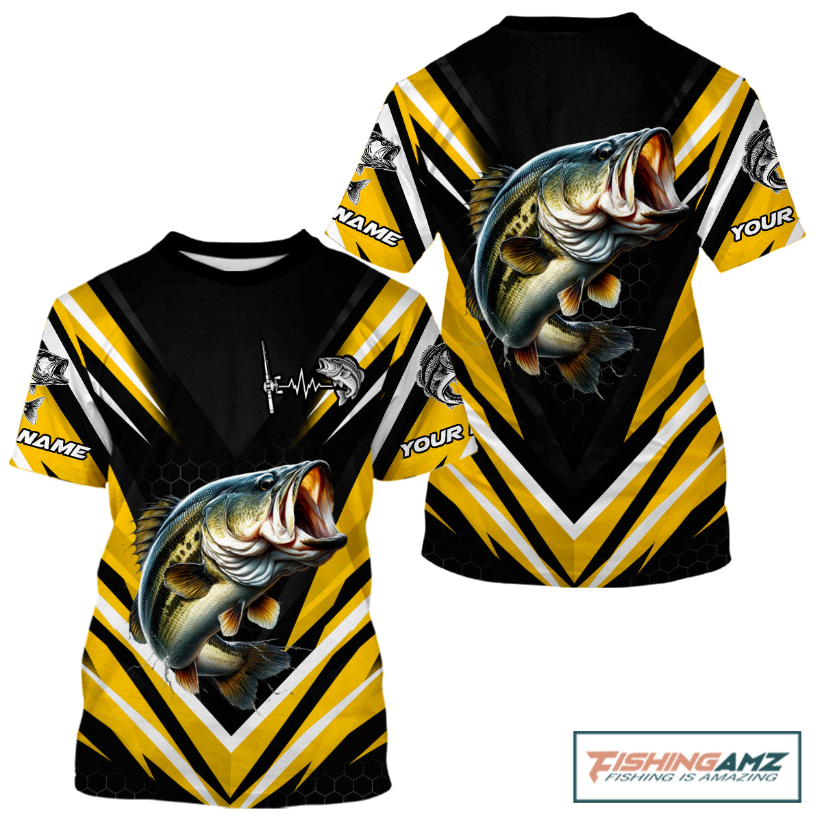 Largemouth Bass Fishing Short Sleeve Shirt Custom Yellow Black Fish Performance Jersey NHT1639