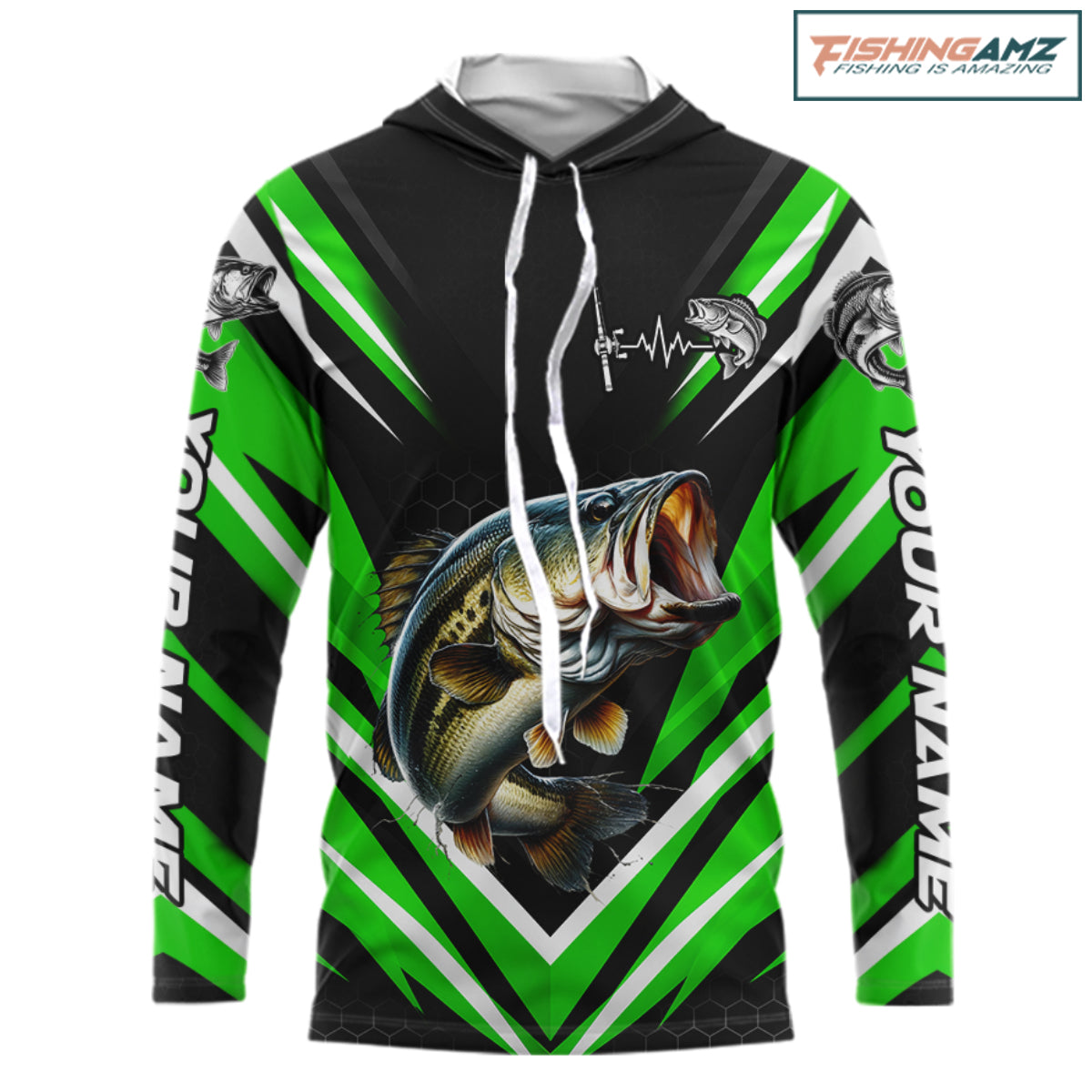 Largemouth Bass Fishing Long Sleeve Hooded Shirt Custom Green Black Fish Performance Jersey NHT1640