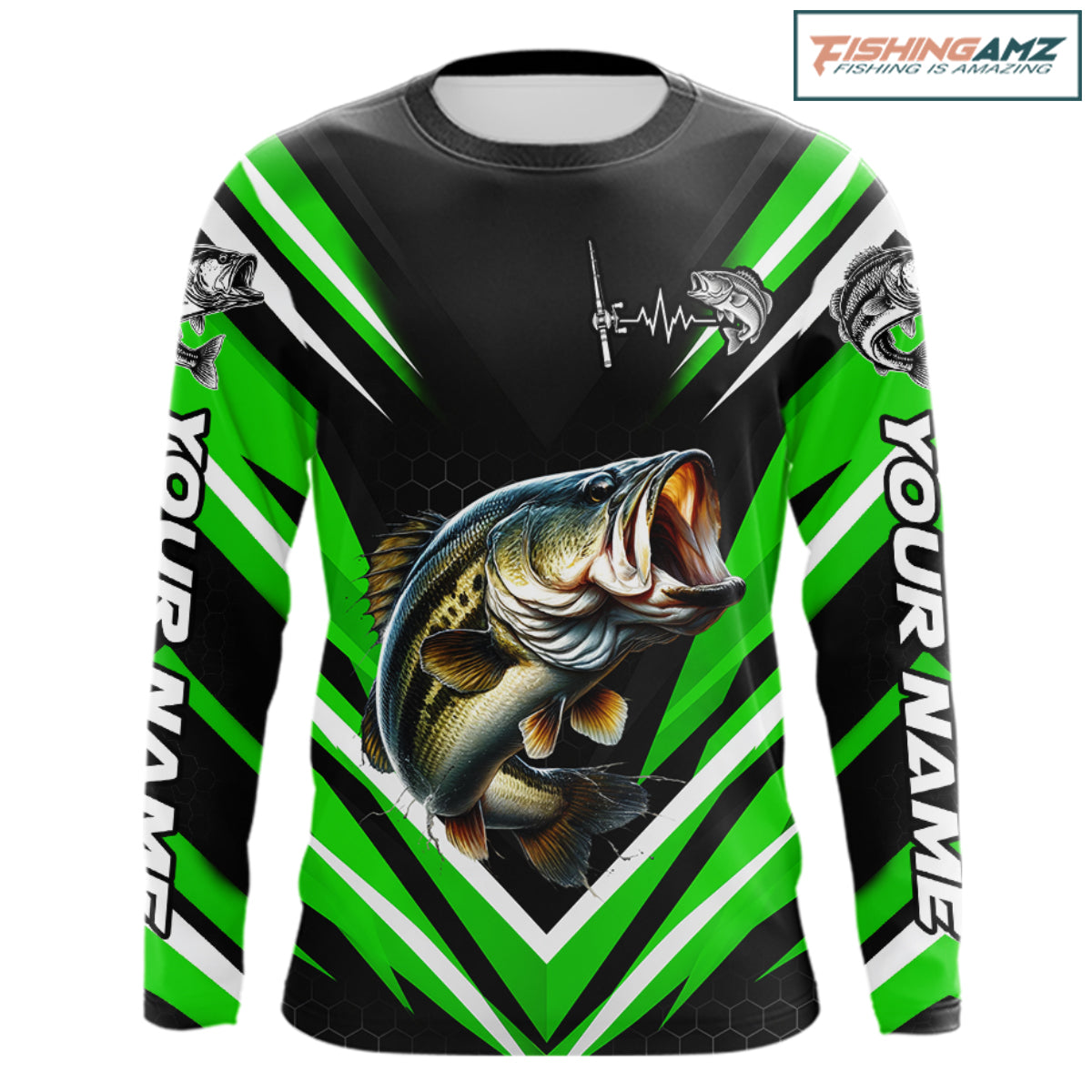 Largemouth Bass Fishing Long Sleeve Shirt Custom Green Black Fish Performance Jersey NHT1640