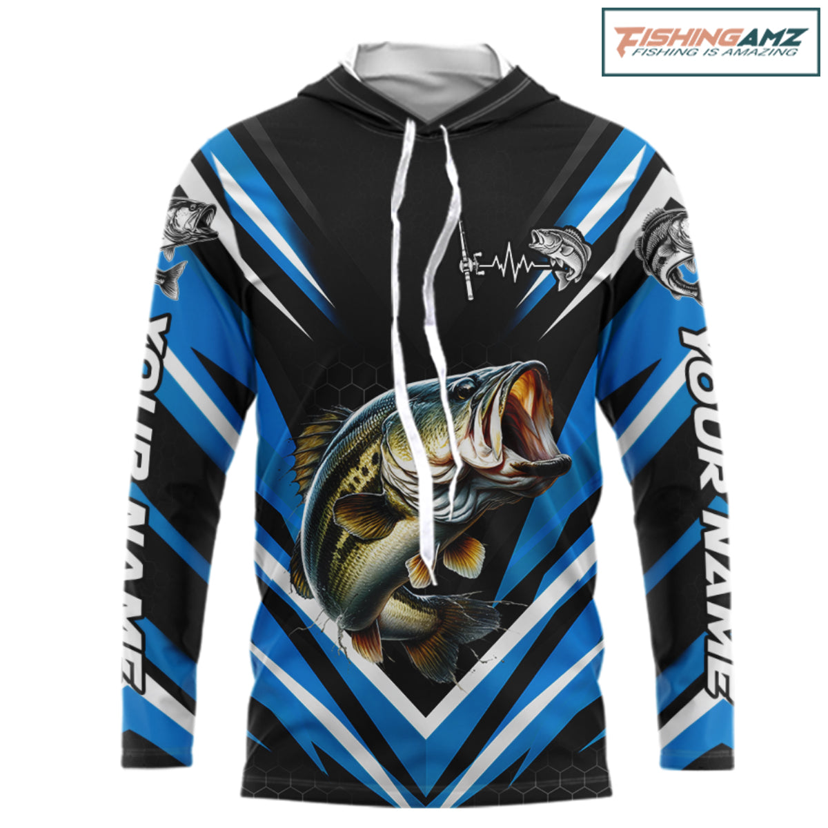 Largemouth Bass Fishing Long Sleeve Hooded Shirt Custom Blue Black Fish Performance Jersey NHT1641