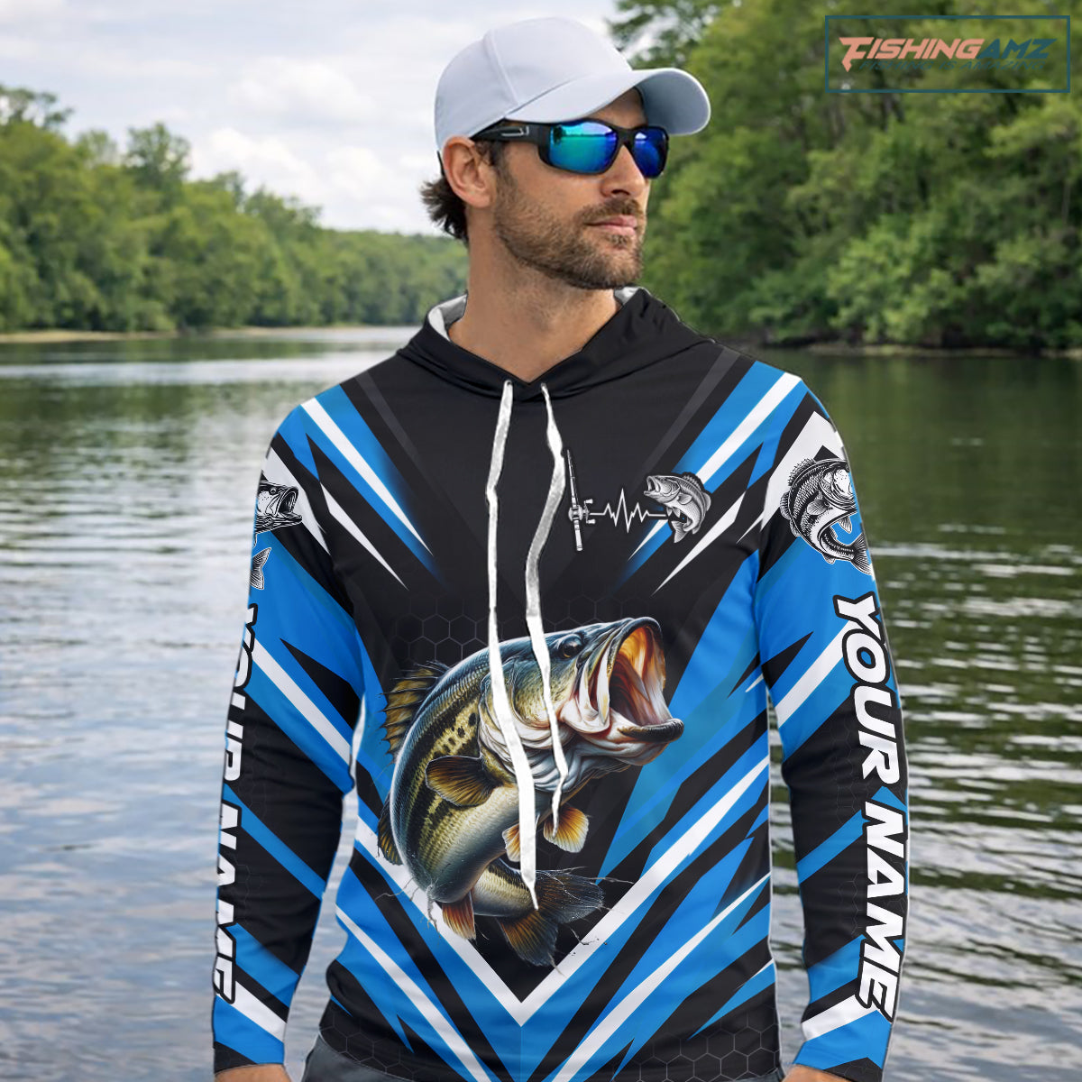 Largemouth Bass Fishing Long Sleeve Hooded Shirt Custom Blue Black Fish Performance Jersey NHT1641