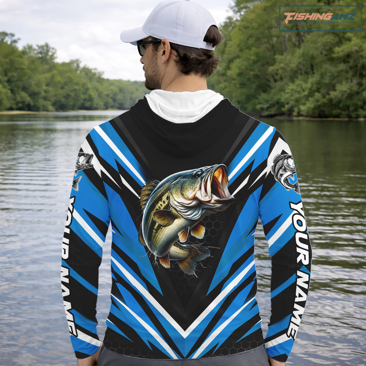 Largemouth Bass Fishing Long Sleeve Hooded Shirt Custom Blue Black Fish Performance Jersey NHT1641