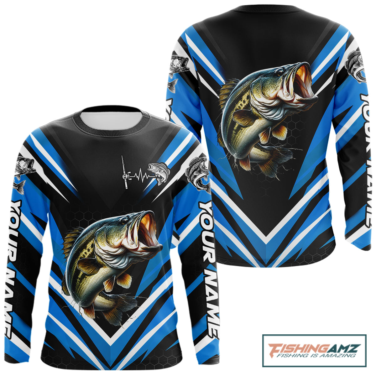 Largemouth Bass Fishing Long Sleeve Shirt Custom Blue Black Fish Performance Jersey NHT1641