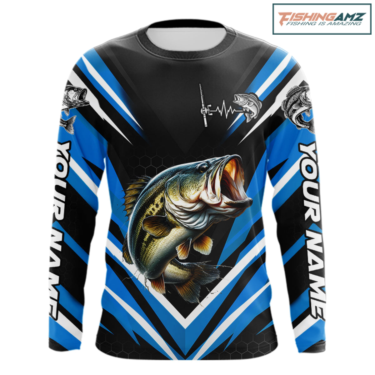 Largemouth Bass Fishing Long Sleeve Shirt Custom Blue Black Fish Performance Jersey NHT1641