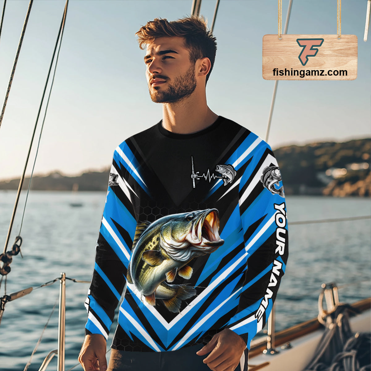 Largemouth Bass Fishing Long Sleeve Shirt Custom Blue Black Fish Performance Jersey NHT1641