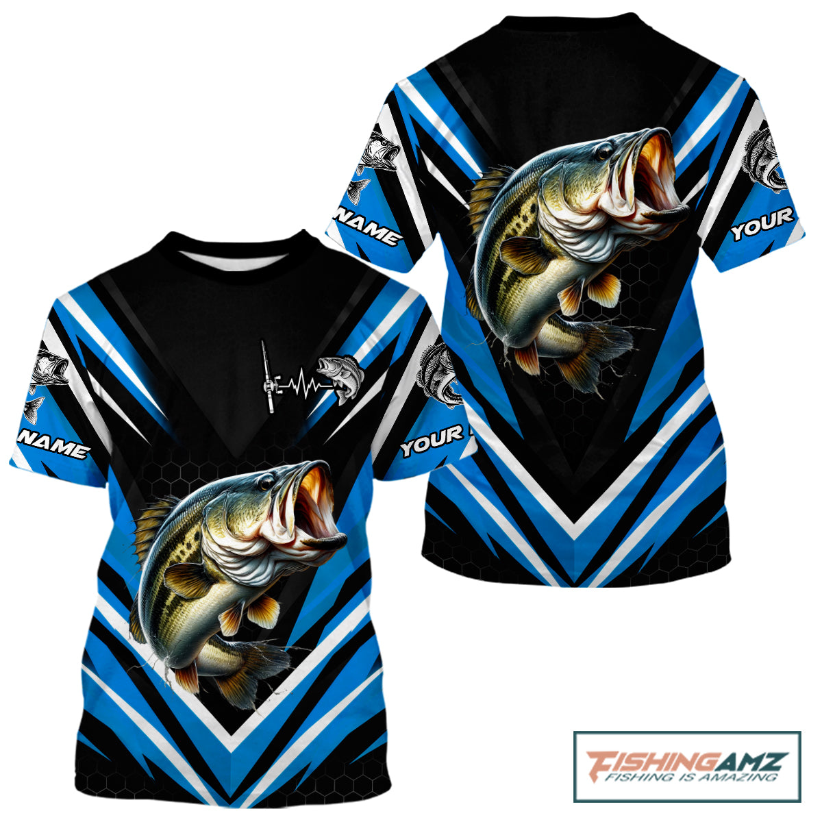Largemouth Bass Fishing Short Sleeve Shirt Custom Blue Black Fish Performance Jersey NHT1641