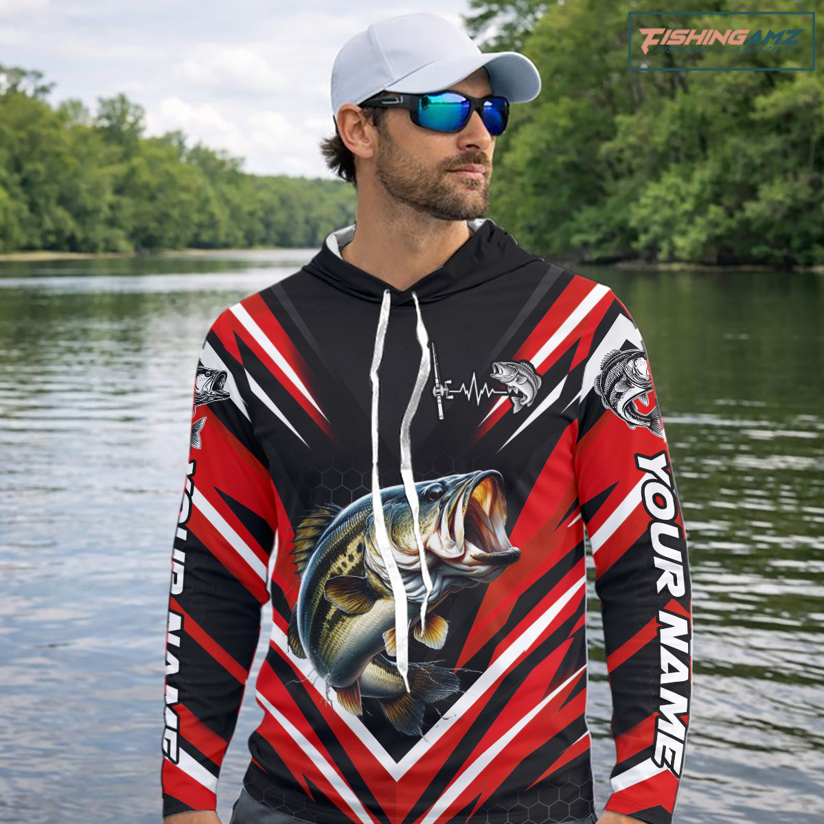 Largemouth Bass Fishing Long Sleeve Hooded Shirt Custom Red Black Fish Performance Jersey NHT1642