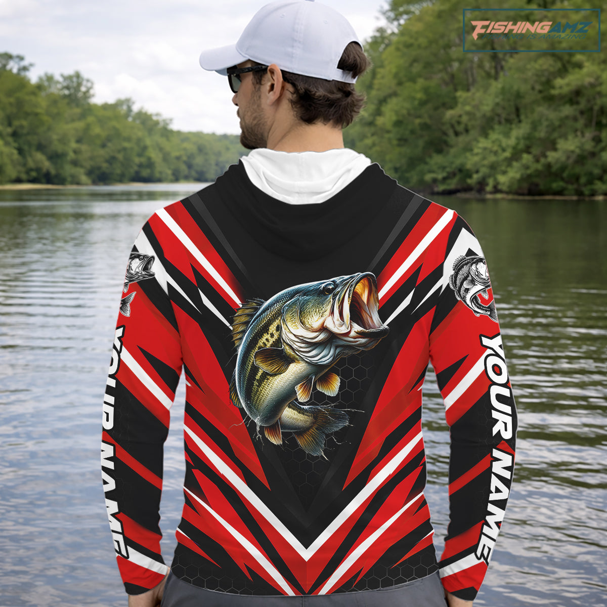 Largemouth Bass Fishing Long Sleeve Hooded Shirt Custom Red Black Fish Performance Jersey NHT1642