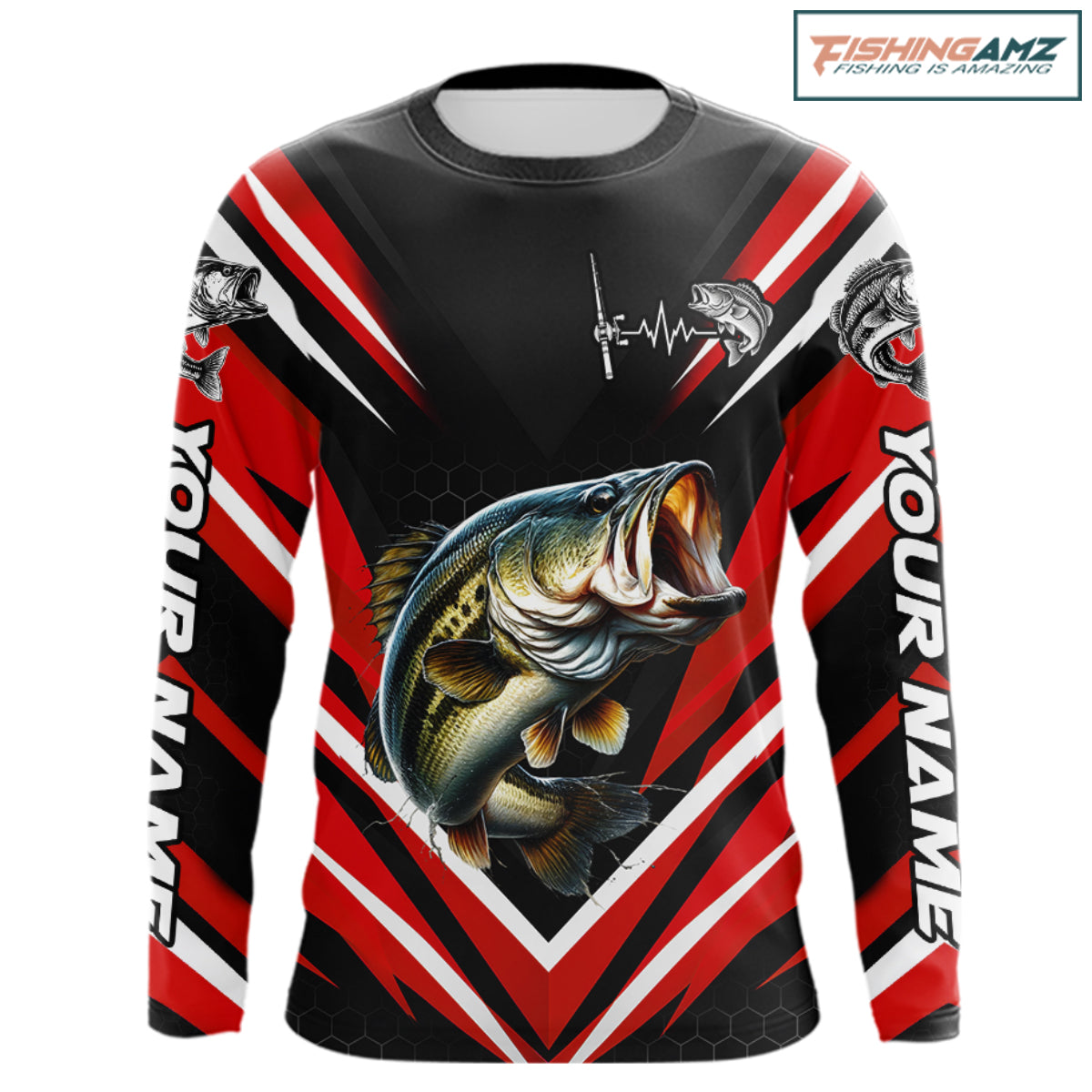 Largemouth Bass Fishing Long Sleeve Shirt Custom Red Black Fish Performance Jersey NHT1642