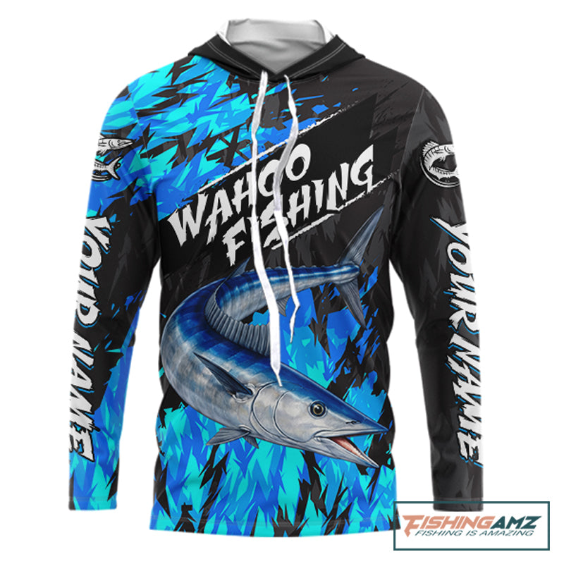 Personalized Wahoo Blue Long Sleeve Hooded Performance Fishing Shirts, Fishing Shirt For Men NHT454