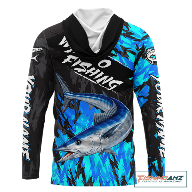 Personalized Wahoo Blue Long Sleeve Hooded Performance Fishing Shirts, Fishing Shirt For Men NHT454